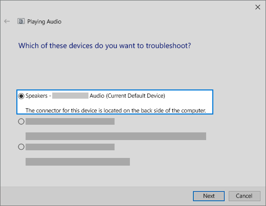 Type audio troubleshooter in the taskbar search box.