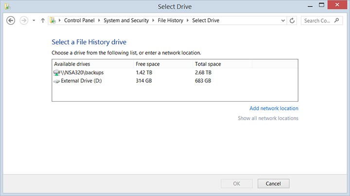 Go to Control Panel > System and Security > File History