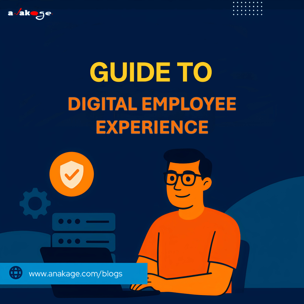 Digital Employee Experience (DEX) framework: laptop, charts, and AI icons symbolizing proactive, data-driven workplace optimization.
